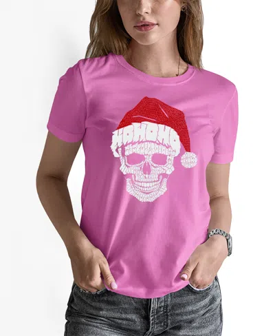 La Pop Art Women's Santa Skull Word Art Crew Neck T-shirt In Pink