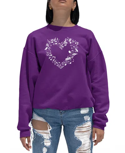 La Pop Art Women's Sheet Music Heart Word Art Crewneck Sweatshirt In Purple