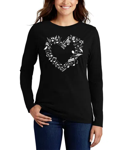 La Pop Art Women's Sheet Music Heart Word Art Flowy T-shirt In Black