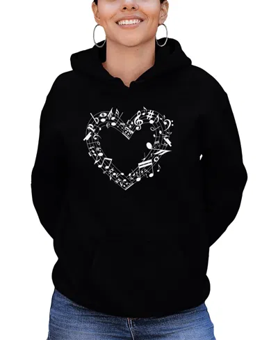 La Pop Art Women's Sheet Music Heart Word Art Hooded Sweatshirt In Black
