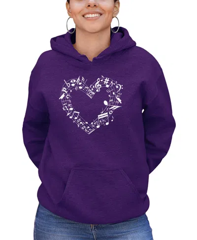 La Pop Art Women's Sheet Music Heart Word Art Hooded Sweatshirt In Purple