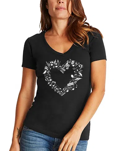 La Pop Art Women's Sheet Music Heart Word Art V-neck T-shirt In Black