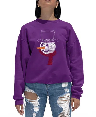 La Pop Art Women's Snowman Face Word Art Crewneck Sweatshirt In Purple