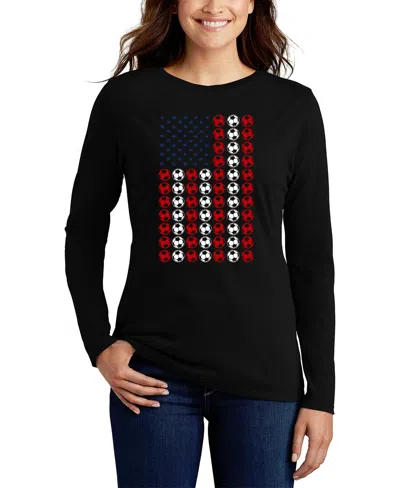 La Pop Art Women's Soccer Flag Word Art Flowy T-shirt In Black
