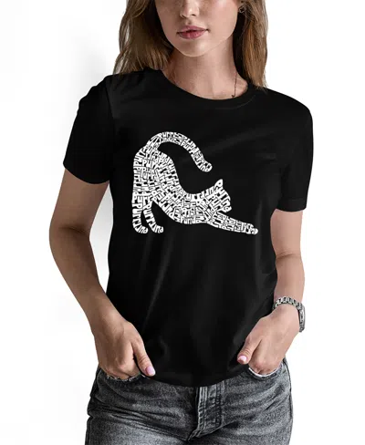 La Pop Art Women's Stretching Cat Word Art Crew Neck T-shirt In Black