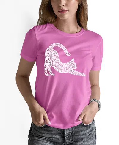 La Pop Art Women's Stretching Cat Word Art Crew Neck T-shirt In Pink