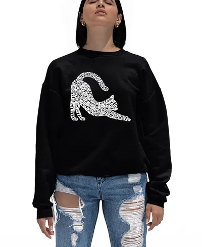 La Pop Art Women's Stretching Cat Word Art Crewneck Sweatshirt In Black