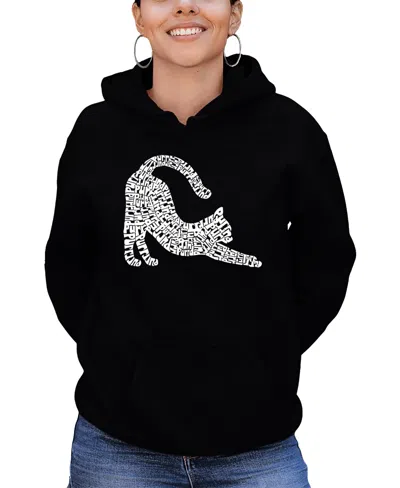 La Pop Art Women's Stretching Cat Word Art Hooded Sweatshirt In Black