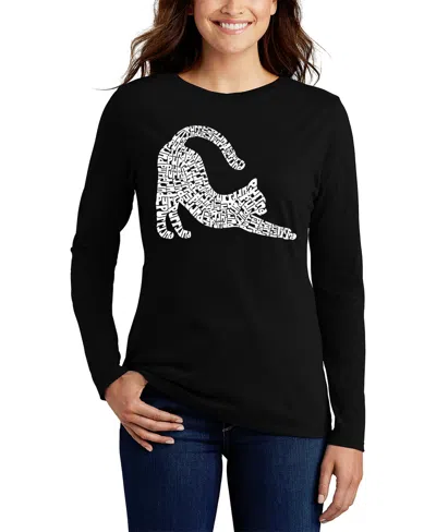 La Pop Art Women's Stretching Cat Word Art Long Sleeve T-shirt In Black