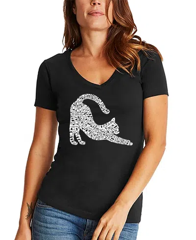 La Pop Art Women's Stretching Cat Word Art V-neck T-shirt In Black