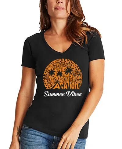 La Pop Art Women's Summer Vibes Word Art V-neck T-shirt In Black