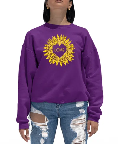 La Pop Art Women's Sunflower Love Word Art Crewneck Sweatshirt In Purple