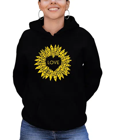 La Pop Art Women's Sunflower Love Word Art Hooded Sweatshirt In Black