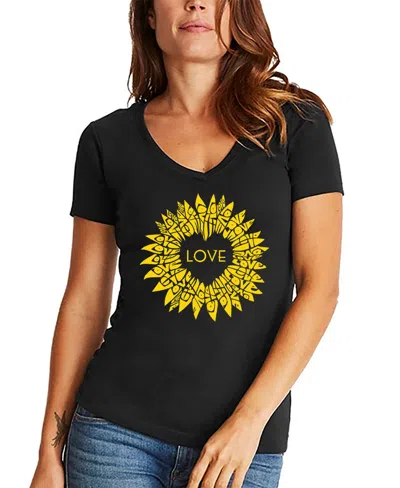 La Pop Art Women's Sunflower Love Word Art V-neck T-shirt In Black