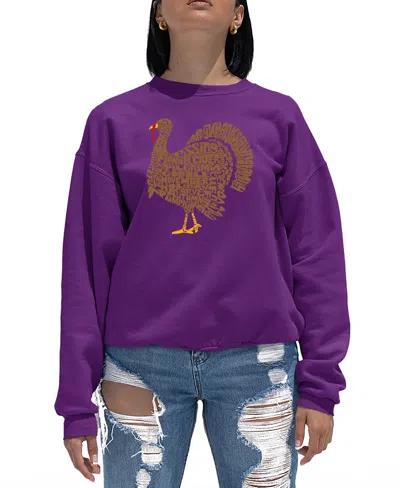 La Pop Art Women's Thankgiving Turkey Word Art Crewneck Sweatshirt In Purple