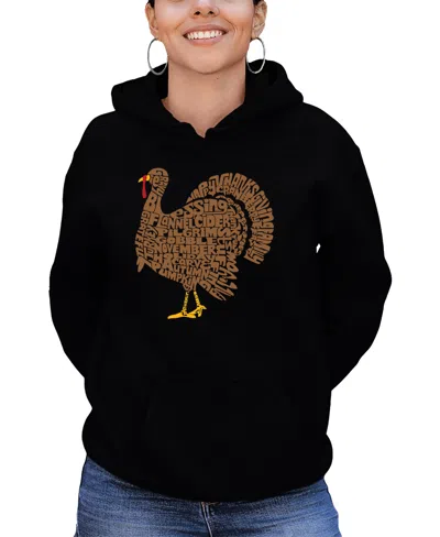 La Pop Art Women's Thankgiving Turkey Word Art Hooded Sweatshirt In Black