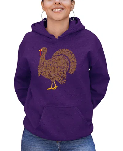 La Pop Art Women's Thankgiving Turkey Word Art Hooded Sweatshirt In Purple