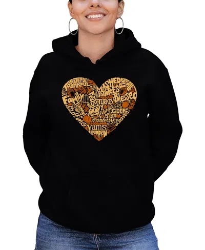 La Pop Art Women's Thanksgiving Heart Word Art Hooded Sweatshirt In Black