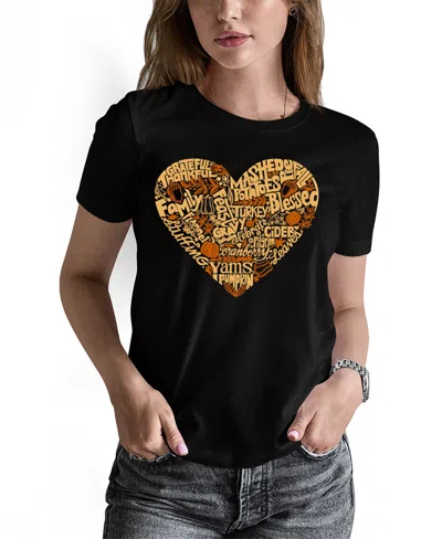 La Pop Art Women's Thanksgiving Heart Word Art Crew Neck T-shirt In Black