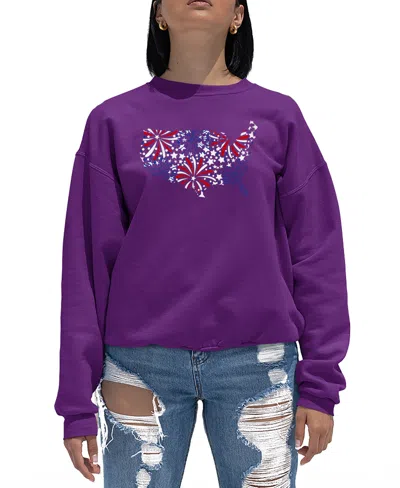 La Pop Art Women's Usa Fireworks Word Art Crewneck Sweatshirt In Purple