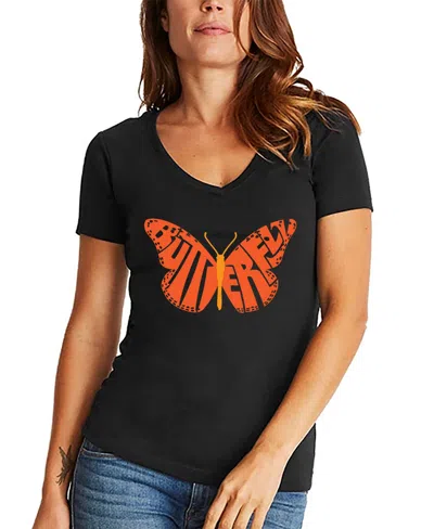 La Pop Art Women's Word Art Butterfly V-neck T-shirt In Black