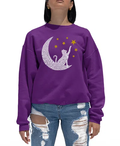 La Pop Art Women's Word Art Cat Moon Crewneck Sweatshirt In Purple
