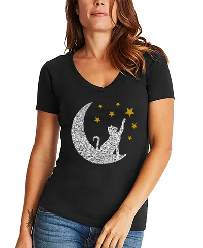 La Pop Art Women's Word Art Cat Moon V-neck T-shirt In Black