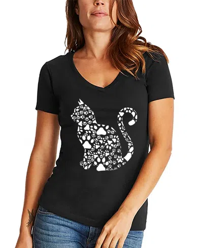 La Pop Art Women's Word Art Cat Paws V-neck T-shirt In Black