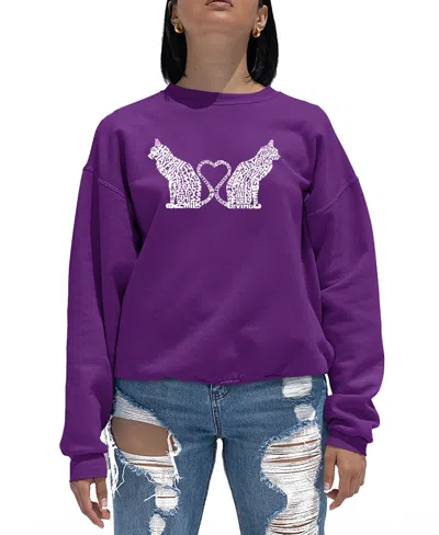 La Pop Art Women's Word Art Cat Tail Heart Crewneck Sweatshirt In Purple