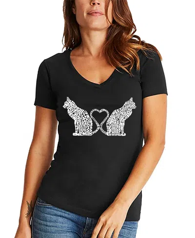 La Pop Art Women's Word Art Cat Tail Heart V-neck T-shirt In Black