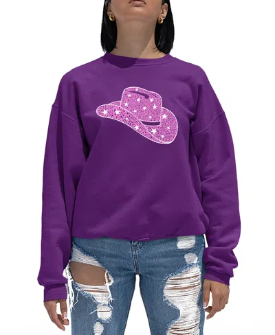 La Pop Art Women's Word Art Cowgirl Hat Crewneck Sweatshirt In Purple