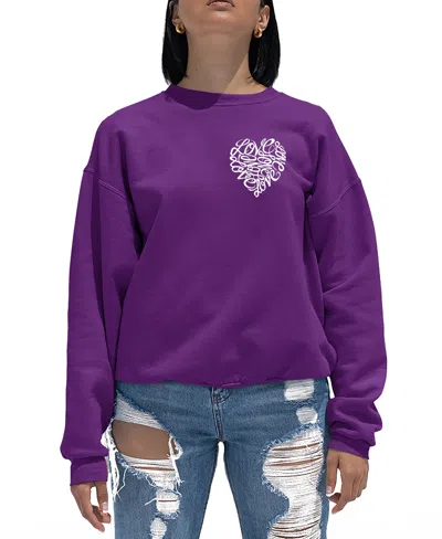 La Pop Art Women's Word Art Cursive Heart Crewneck Sweatshirt In Purple