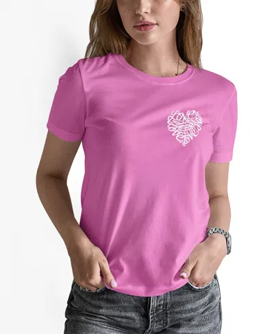 La Pop Art Women's Word Art Cursive Heart T-shirt In Pink