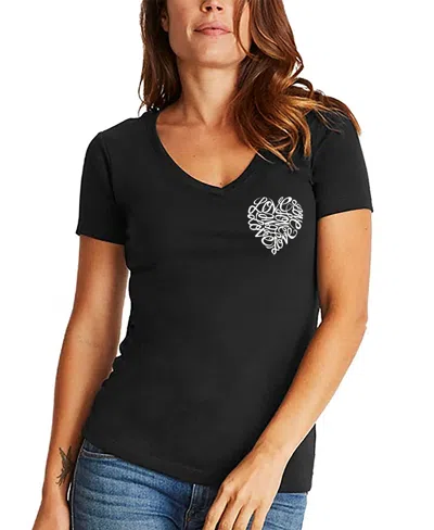 La Pop Art Women's Word Art Cursive Heart V-neck T-shirt In Black