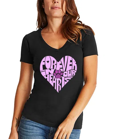 La Pop Art Women's Word Art Forever In Our Hearts V-neck T-shirt In Black