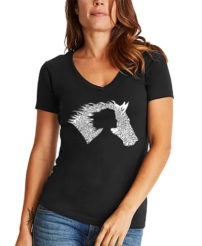 La Pop Art Women's Word Art Girl Horse V-neck T-shirt In Black