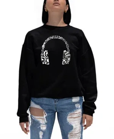 La Pop Art Women's Word Art Music Note Headphones Crewneck Sweatshirt In Black