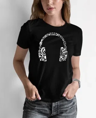 La Pop Art Women's Word Art Music Note Headphones T-shirt In Black