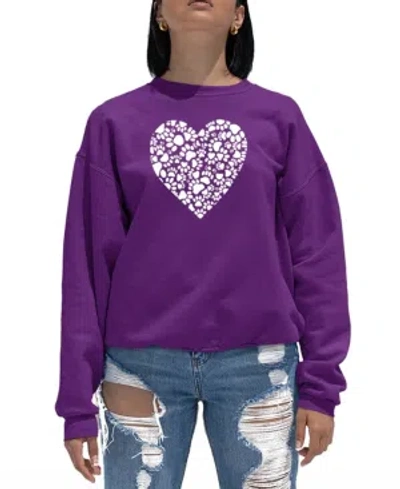La Pop Art Women's Word Art Paw Prints Heart Crewneck Sweatshirt In Purple