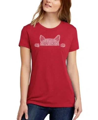 La Pop Art Women's Word Art Peeking Cat T-shirt In Red