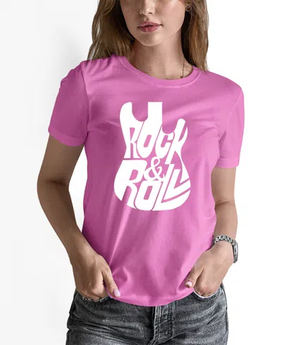 La Pop Art Women's Word Art Rock And Roll Guitar T-shirt In Pink