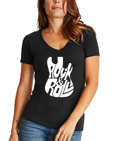 La Pop Art Women's Word Art Rock And Roll Guitar V-neck T-shirt In Black