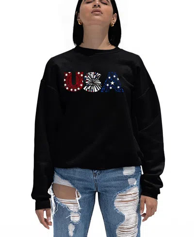 La Pop Art Women's Word Art Usa Fireworks Crewneck Sweatshirt In Black