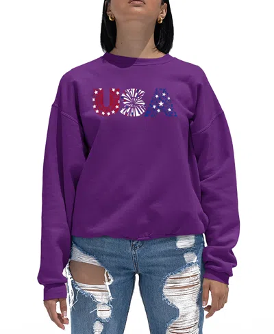 La Pop Art Women's Word Art Usa Fireworks Crewneck Sweatshirt In Purple