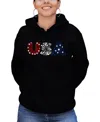 LA POP ART WOMEN'S WORD ART USA FIREWORKS HOODED SWEATSHIRT