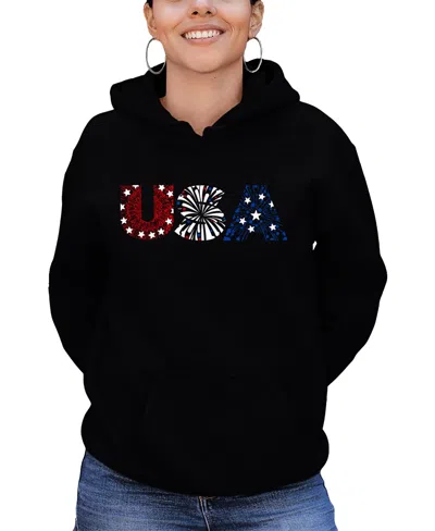 La Pop Art Women's Word Art Usa Fireworks Hooded Sweatshirt In Black