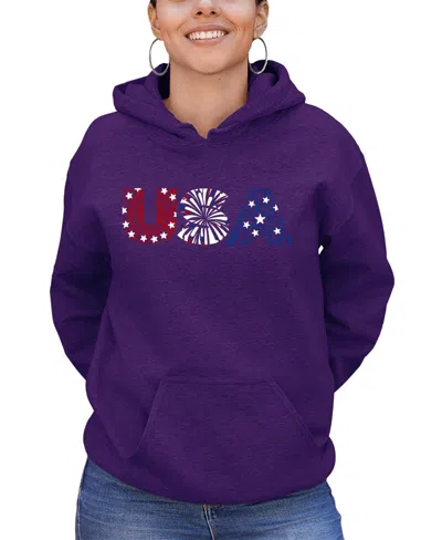 La Pop Art Women's Word Art Usa Fireworks Hooded Sweatshirt In Purple