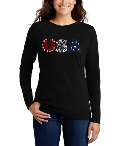 La Pop Art Women's Word Art Usa Fireworks Long Sleeve T-shirt In Black