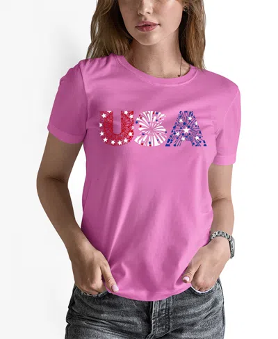 La Pop Art Women's Word Art Usa Fireworks T-shirt In Pink