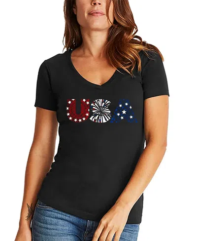 La Pop Art Women's Word Art Usa Fireworks V-neck T-shirt In Black